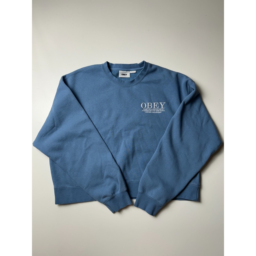 Obey Worldwide Crewneck Sweatshirt Large Slate Blue Big Back Embroidery Logo